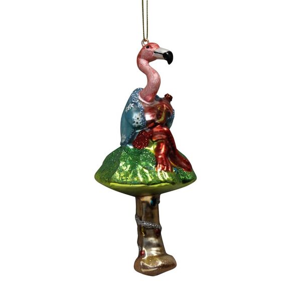 Pretty Pink Flamingo Playing Guitar on Palm Tree Glass Christmas Ornament - Picture 1 of 5